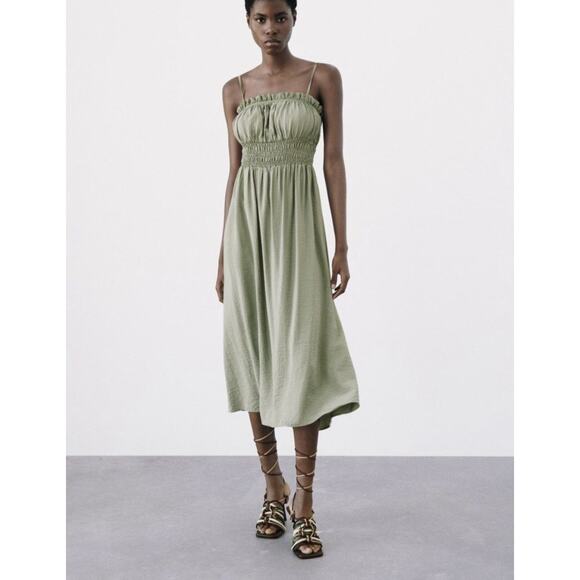 Zara Green Open Elastic Ruffle Back Spaghetti Strap Midi Dress - Picture 1 of 13